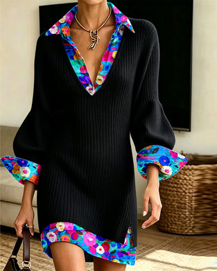 Kleid Falsch Zweiteilig Blumig V-Revers Gestrickt Kurz Mini