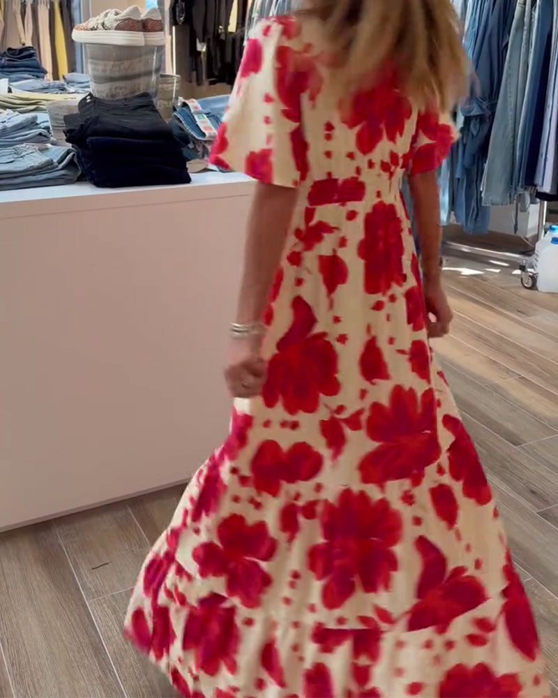 Kleid Tief V Resort Taille Gedruckt
