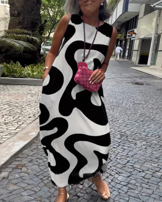 Rundhals-Armloses Kleid Mit Geometrischem Druck