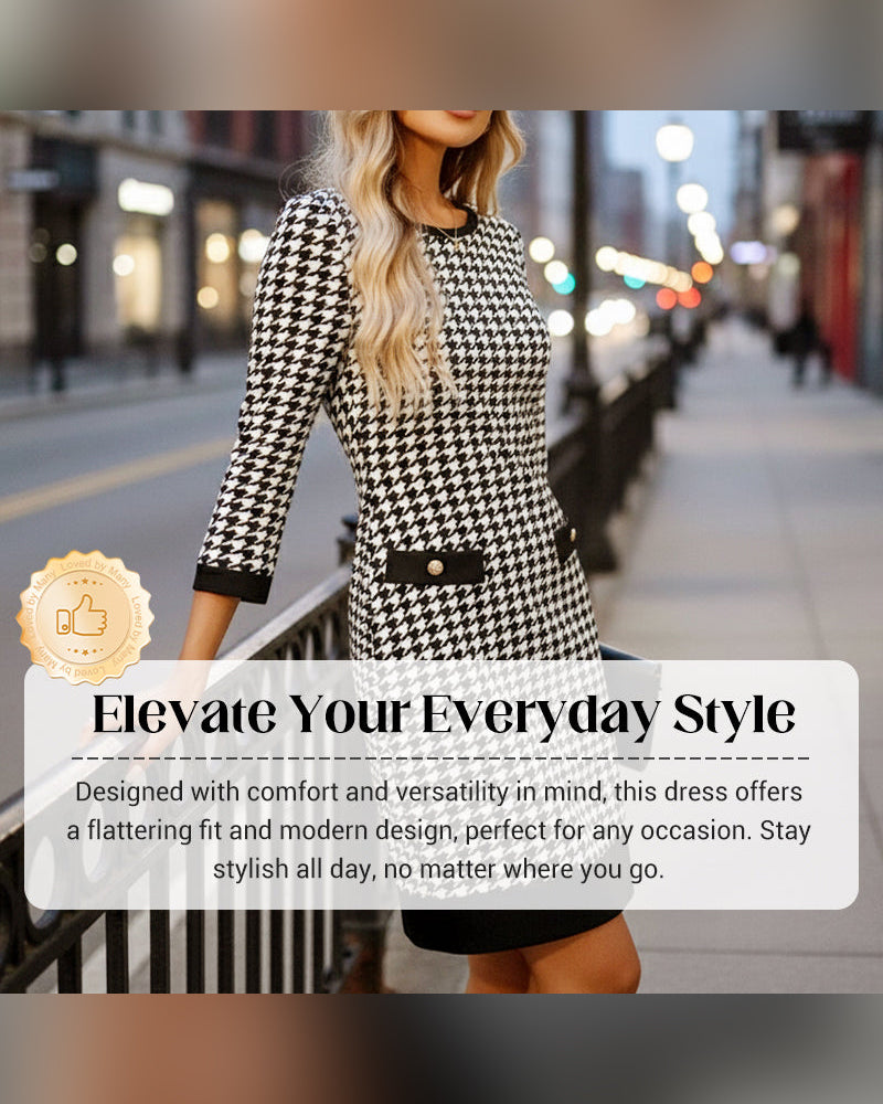 Kleid Damen Rundhals Hahnentritt Bodycon Midi