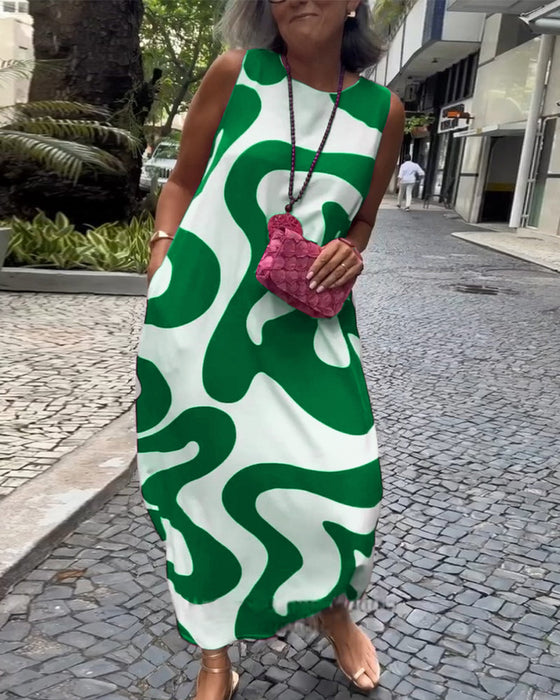 Rundhals-Armloses Kleid Mit Geometrischem Druck