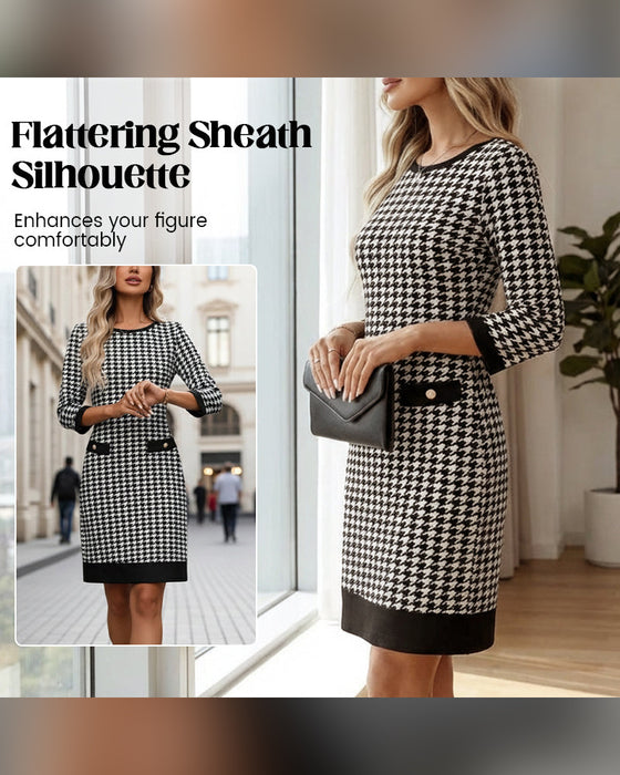 Kleid Damen Rundhals Hahnentritt Bodycon Midi