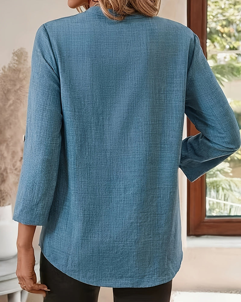 Bluse V-Ausschnitt Einfarbig Langarm Tasche