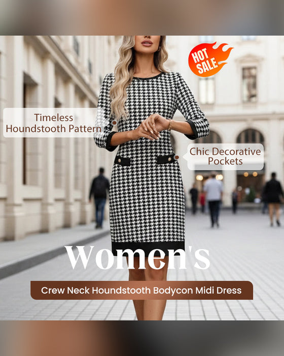 Kleid Damen Rundhals Hahnentritt Bodycon Midi