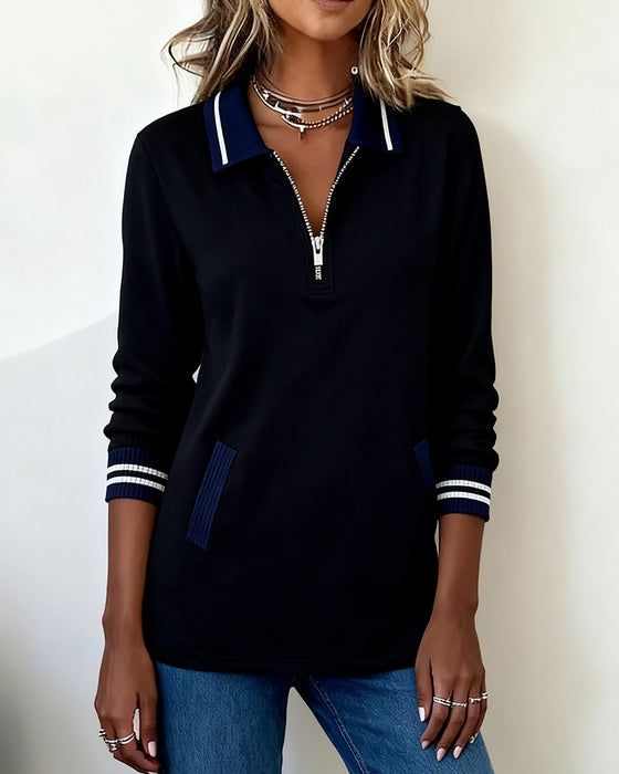 Weites Sweatshirt mit Revers, Reißverschluss und Kontrastfarbe