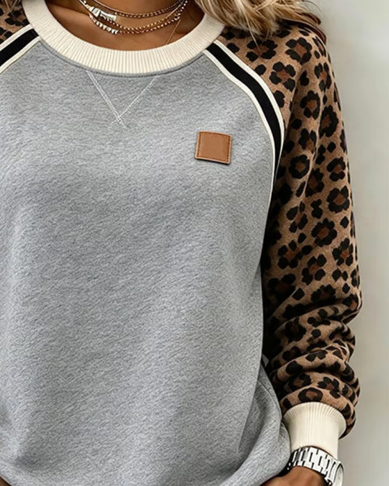 Sweatshirt Leopard Farbblock Rundhals
