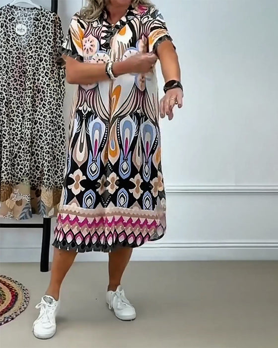 Kleid Boho Bedruckt Gerade Kurzärmelig