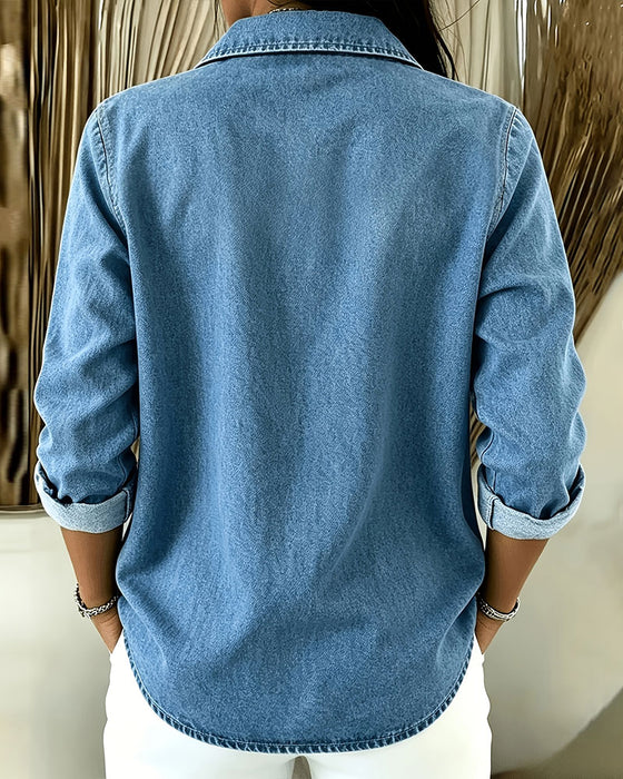 Bluse Revers Reißverschluss Langarm