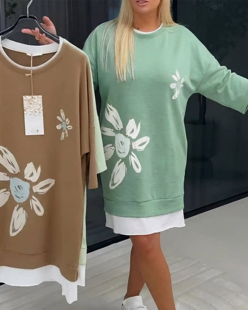 Sweatshirt-Kleid Rundhals bedruckt Patchwork