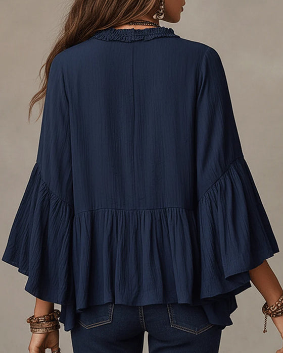 Bluse V-Ausschnitt Scallop Rüsche Besatz