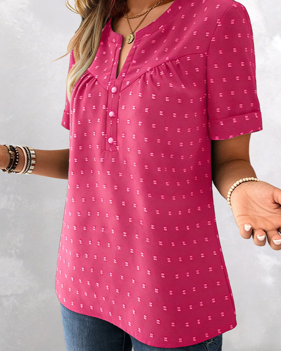 Bluse Jacquard V-Ausschnitt Halbknopfleiste Kurzarm