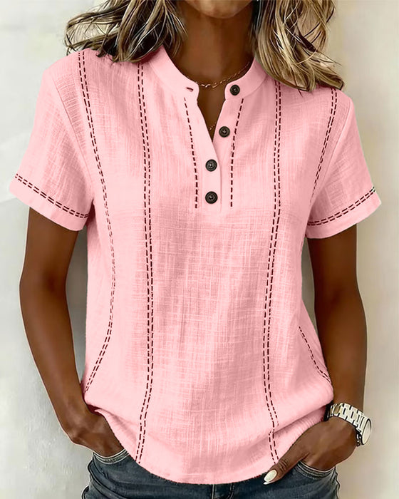 T-Shirt Mode Lässig Knopf V-Ausschnitt