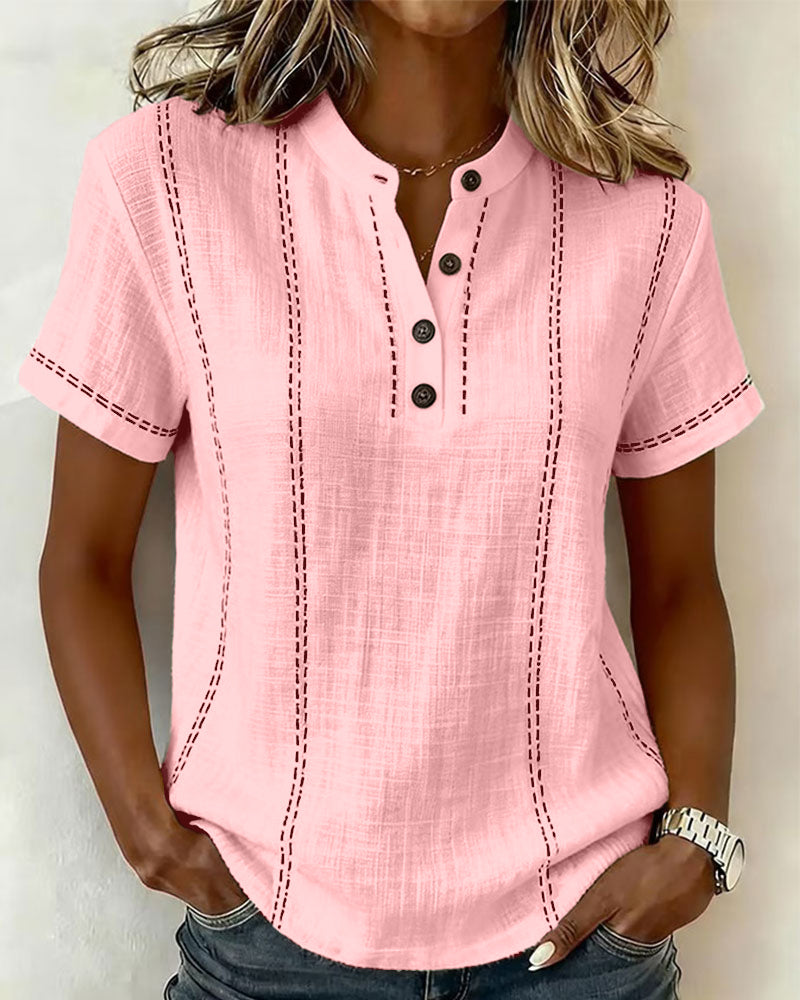 T-Shirt Mode Lässig Knopf V-Ausschnitt