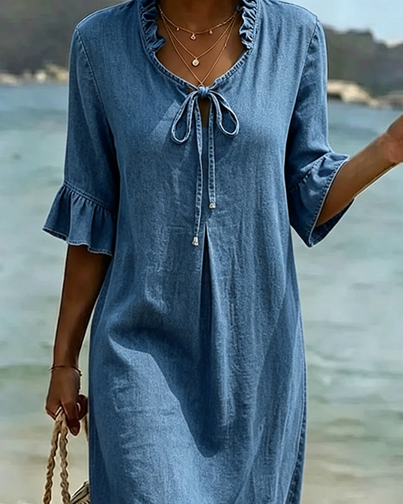 Kleid Rüsche Bindegürtel Denim