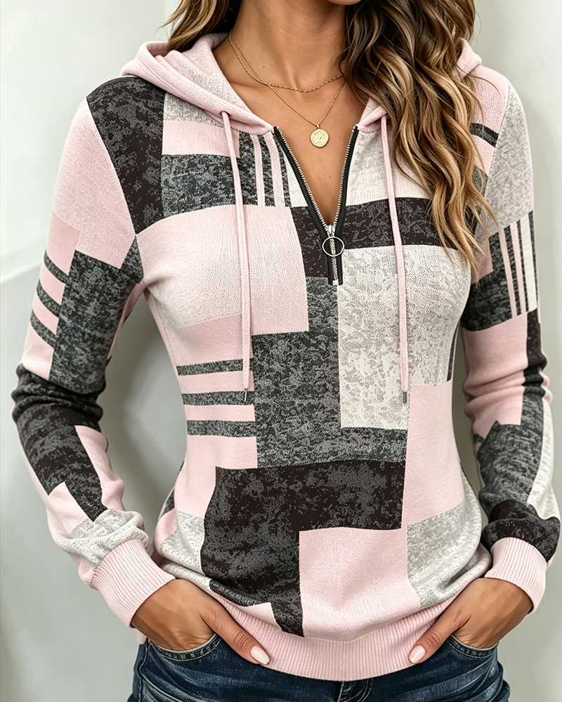 Hoodie Halb-Zip Lässig Kontrast Karomuster