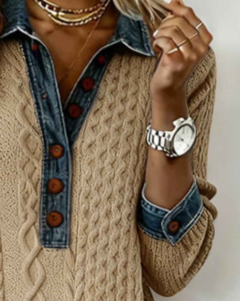 Kleid mit Kragen aus Denim, Zopfmuster-Strick und Patchwork