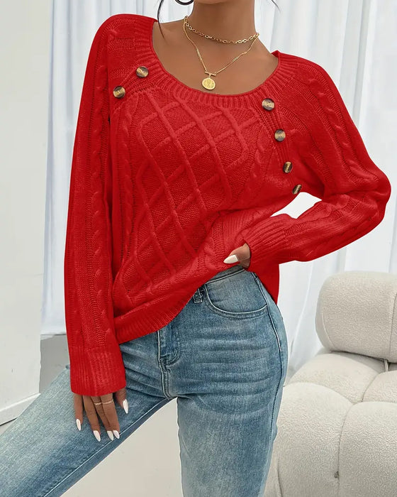 Pullover Uni Raglanärmel Schnalle Zopfmuster