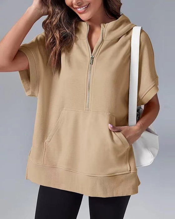 Sweatshirt Kurzarm Teilweiser Reißverschluss Kapuzenpullover