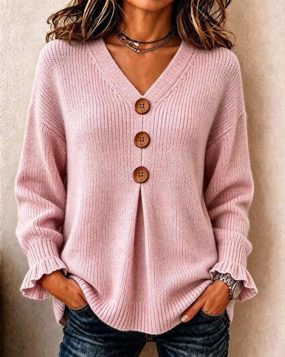 Pullover V-Ausschnitt Knopf Pullover