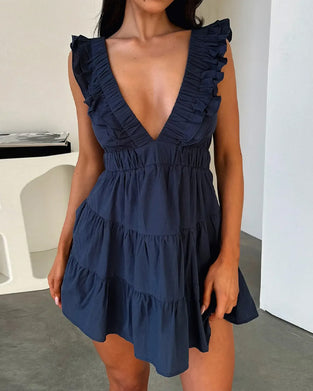 Kleid V-Ausschnitt Rüsche Patchwork Flügelärmel
