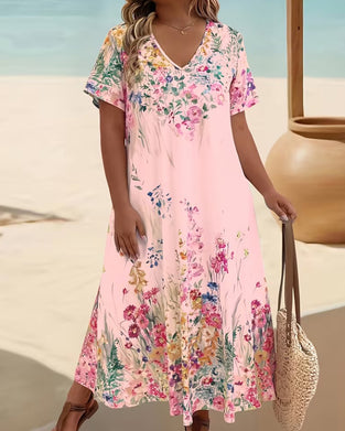 Kleid Aquarell Blumen V-Ausschnitt