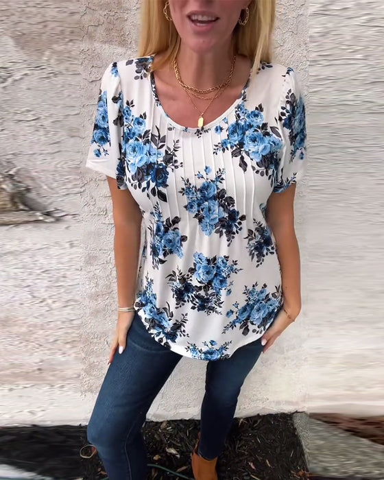 T-Shirt mit Rundhalsausschnitt Blumenmuster plissiert