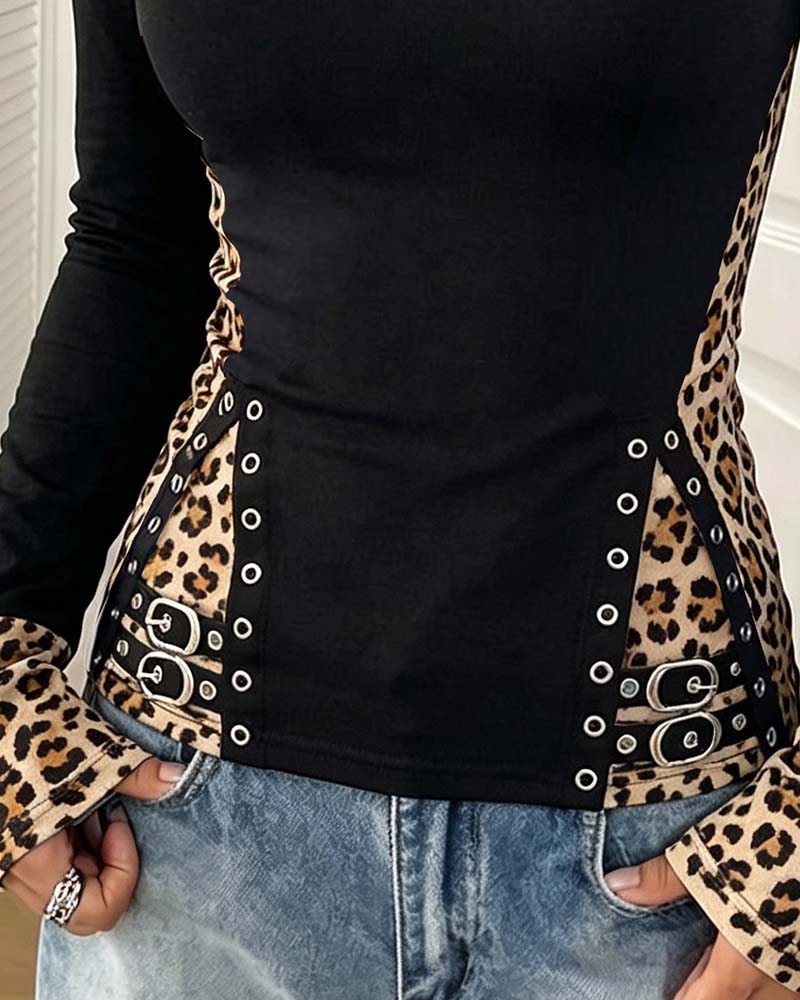 Oberteil Leopard Patchwork U-Ausschnitt Figurbetont