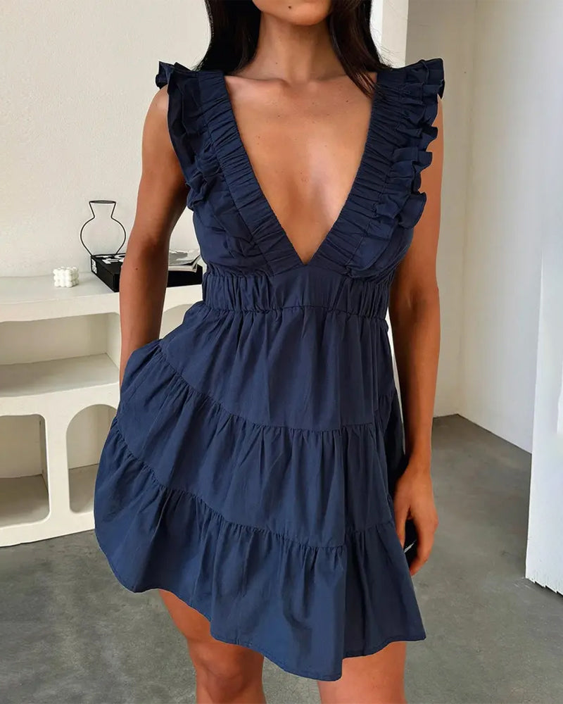 Kleid Tiefes V Rüsche Ärmellos