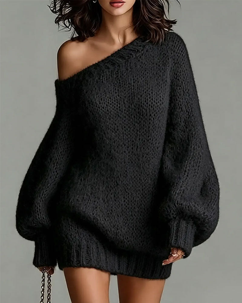 Pullover Kleid Ein-Schulter Laternenärmel Off-Shoulder