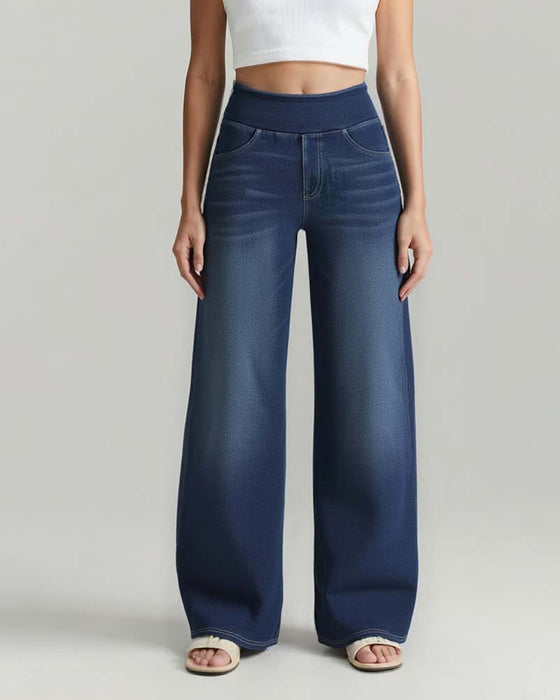 Hose Elastische Taille Denim Weites Bein