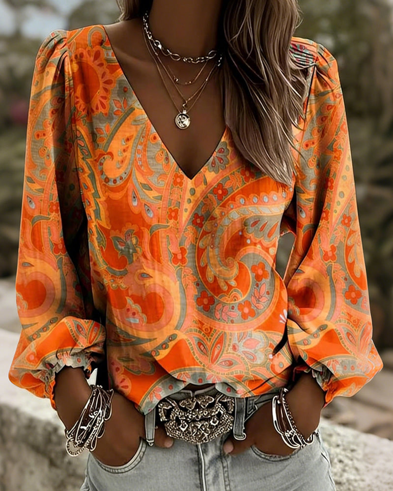 Bluse Gemustert V-Ausschnitt Puffärmel