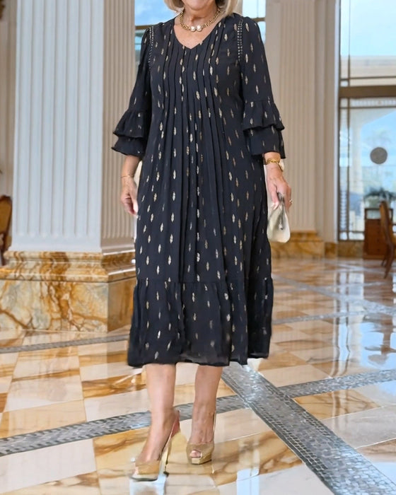 Kleid Laternenärmel V-Ausschnitt Druck