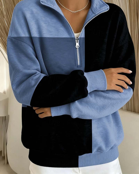 Sweatshirt Karo Farbblock Reißverschluss Stehkragen