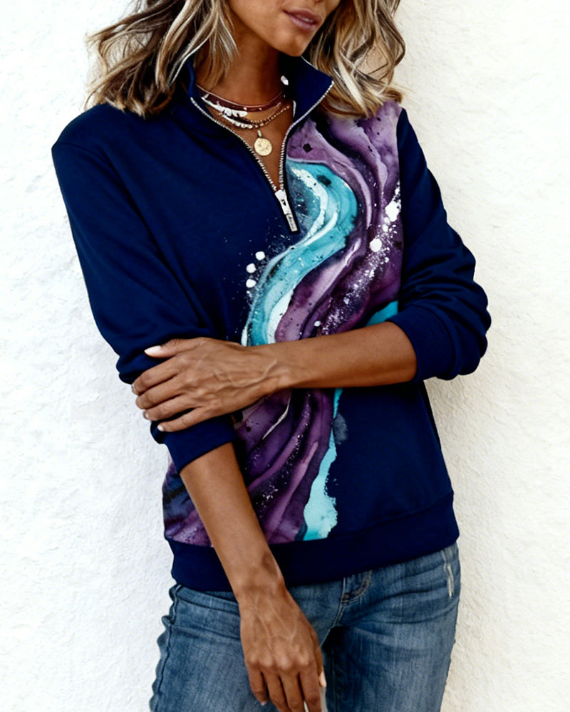 Langarm Sweatshirt mit Halbreißverschluss und Druck