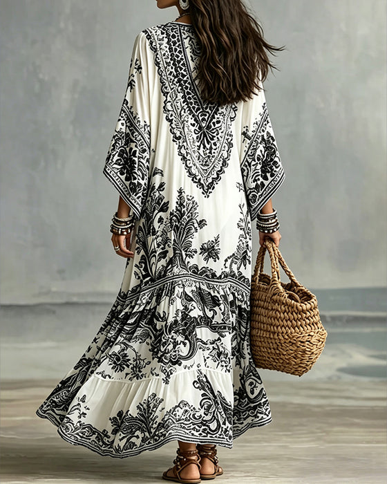 Kleid V-Ausschnitt Bohemian Ausgestellt Asymmetrisch