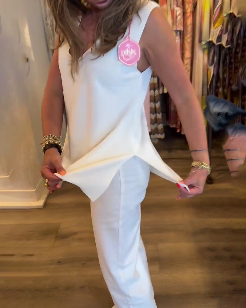 Tank Top V-Ausschnitt Ärmellos Uni