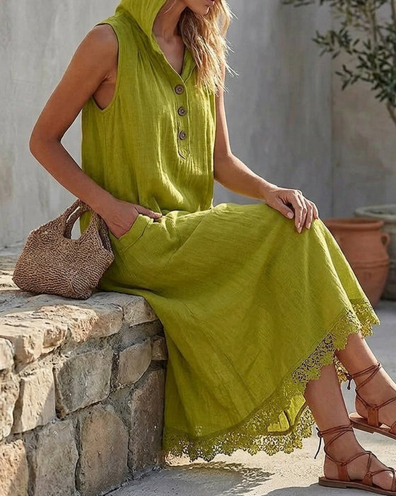 Kleid Kapuzen Ärmellos Spitze Patchwork
