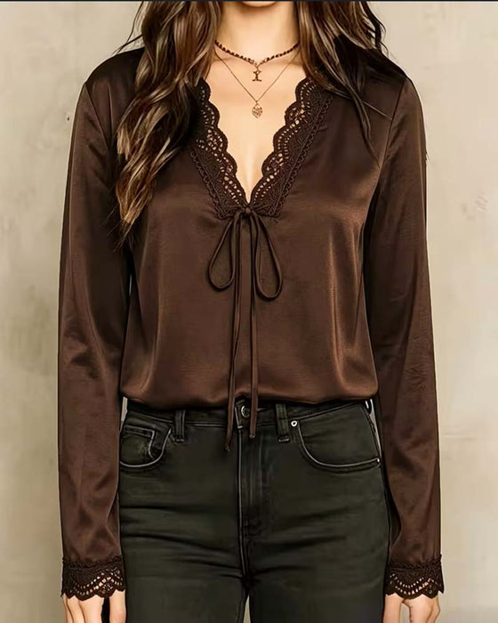 Bluse Langer Ärmel V-Ausschnitt Spitze Patchwork