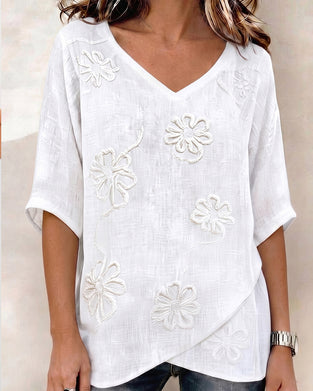 Bluse Mit V-Ausschnitt, Blumenmuster Und Halbarm