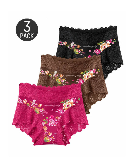 Unterhosen 3er-Pack Hohe Taille Blumig Druck Spitze Kante