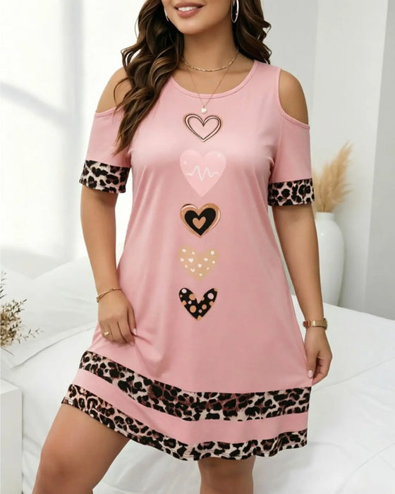 Kleid Rundhals Off-Shoulder Leopard Herz