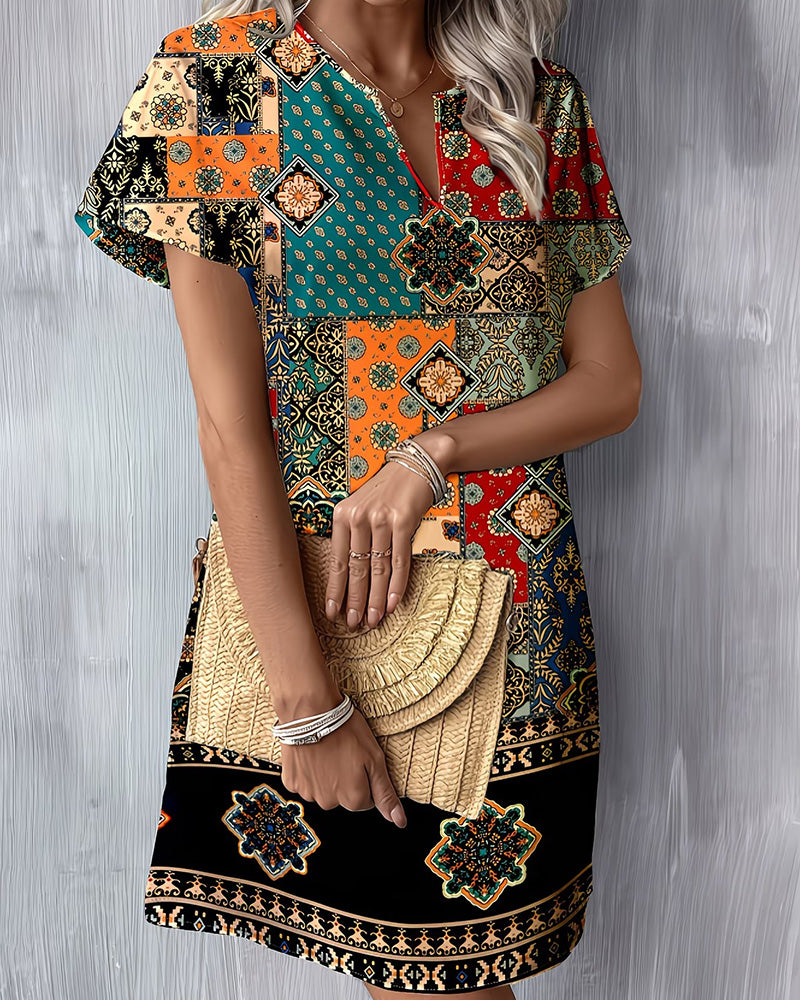 Kleid Ethno Farbblock Kurzarm