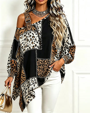 Bluse Leopard Druck Patchwork Asymmetrischer Ausschnitt Langarm