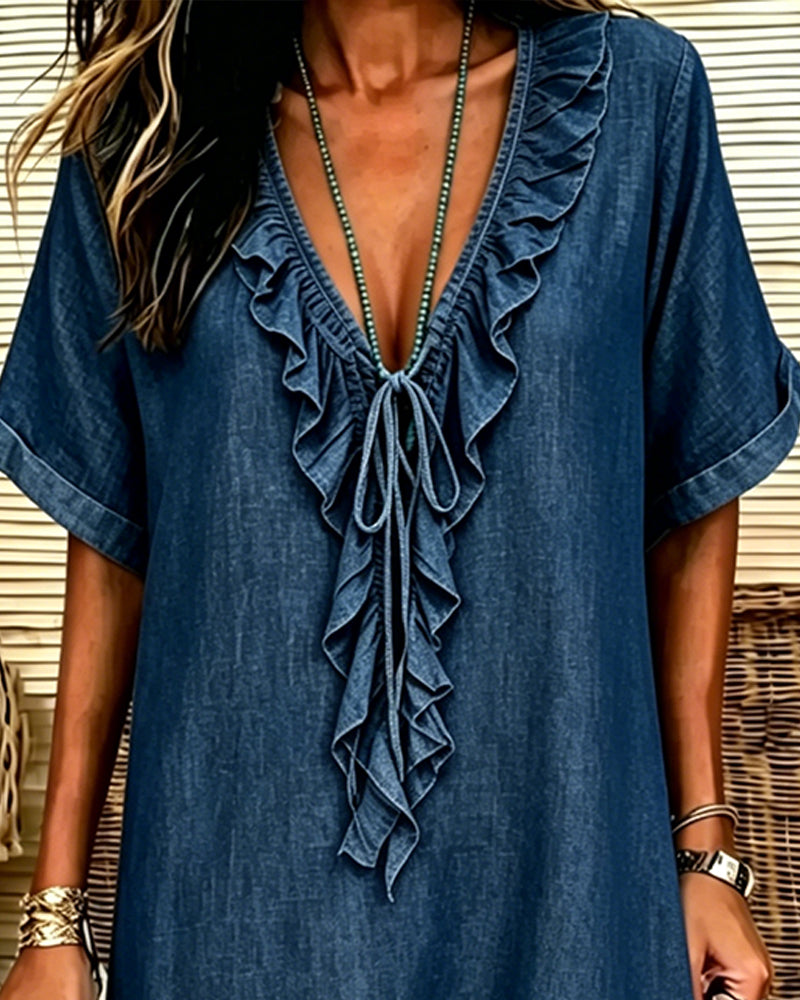 Kleid V-Ausschnitt Denim Rüsche