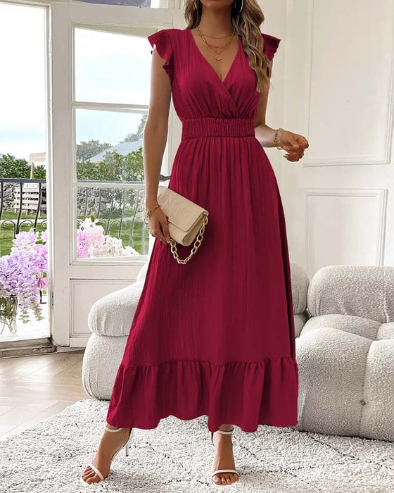 Kleid V-Ausschnitt Einfarbig Tailliert