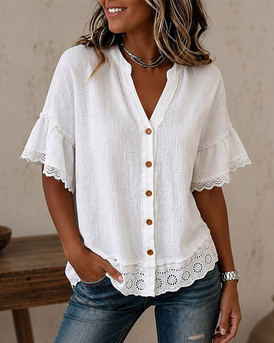 Bluse V-Ausschnitt Spitze Patchwork Knopf