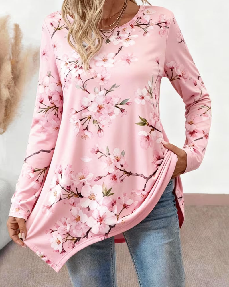 Bluse Rundhals Blumen Langarm