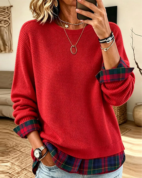 Pulli Rundhals Karo Patchwork Fake Zweiteilig