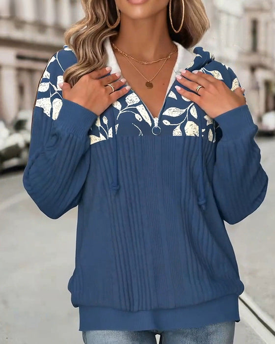 Sweatshirt Mit Kapuze Halbreißverschluss Blumenprint