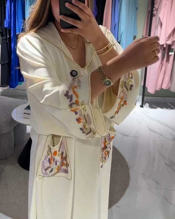 Kleid Mit Kapuze Bestickt Locker Zwei Taschen